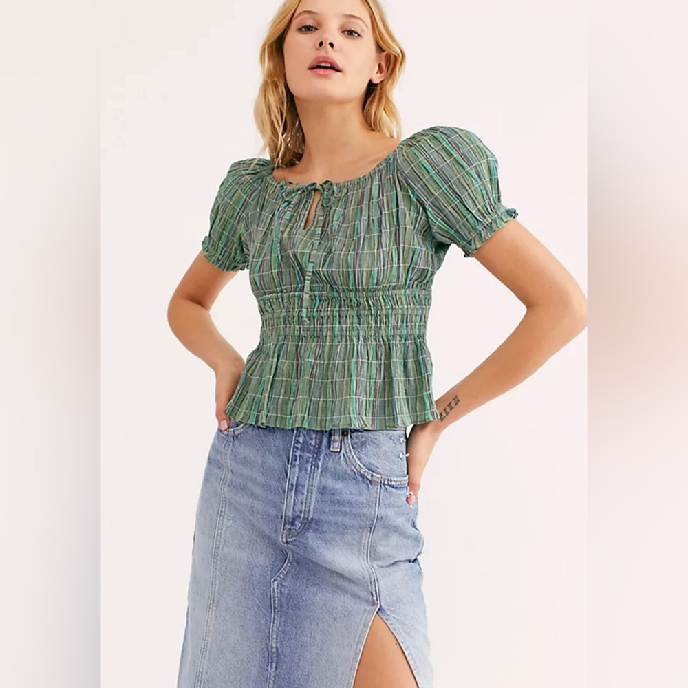 FREE PEOPLE Vivi stripe smocked peasant boho top green cotton medium puff sleeve